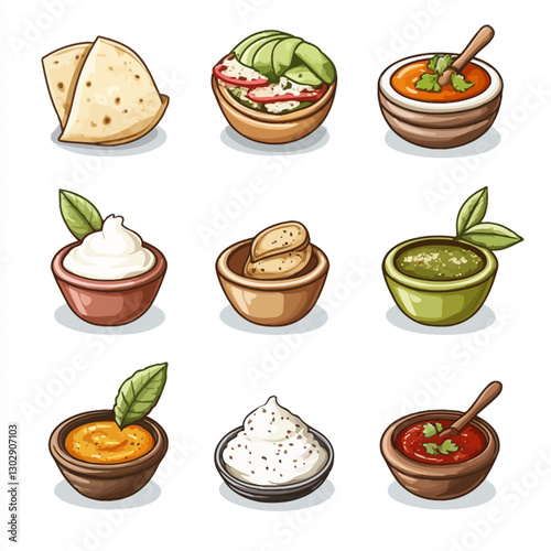 Cartoon illustration of various dips, spreads and toppings in bowls