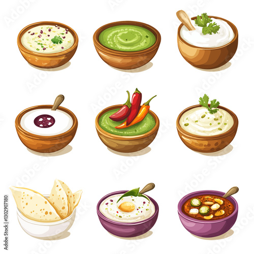 Assorted dips and sauces in bowls with tortillas for dipping and eating