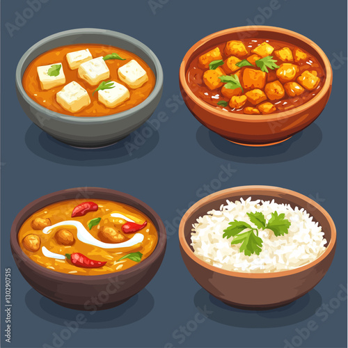 Four bowls: Paneer Makhani, Butter Chicken, Malai Kofta, White Rice Dishes