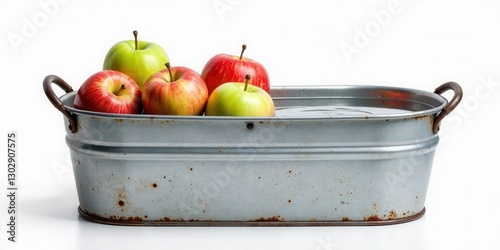 Rustic metal container filled with water, holding a collection of vibrant red and green apples, showcasing a simple yet appealing still life arrangement.