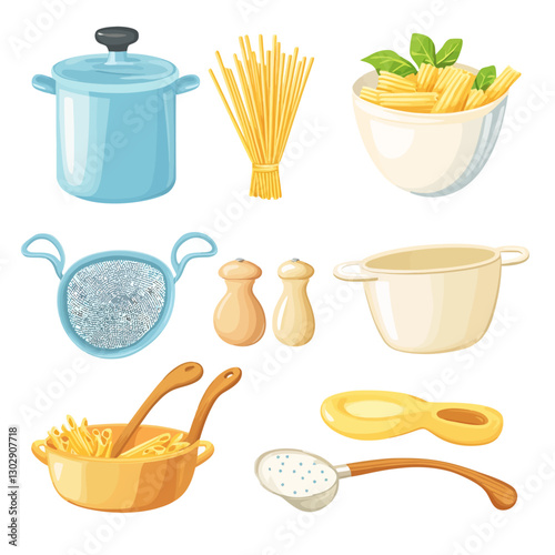 Pasta Ingredients and Utensils for Cooking Italian Food, Vector Design