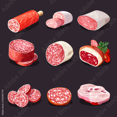 Assorted charcuterie featuring salami, prosciutto, and various cured meats