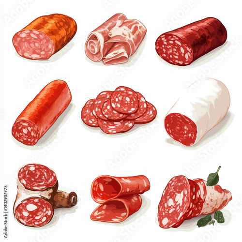 Assortment of flavorful cured meats including salami and chorizo styles