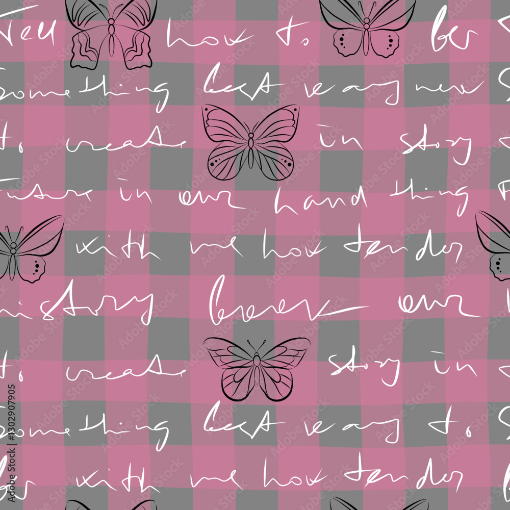 Handwriting letter vector seamless pattern with butterflyes, black hand drawn background template, doodle sketch text pen scratch isolated graphic print design, vintage wallpaper cursive word paper.