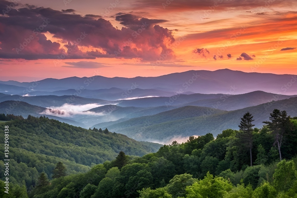 Obraz premium Breathtaking Sunset Over Misty Mountains and Lush Green Forests