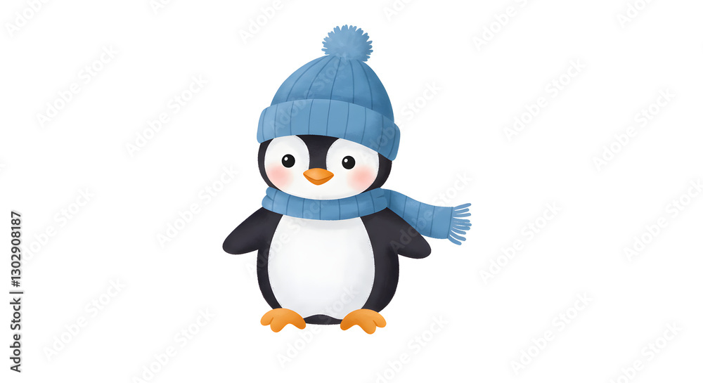 Fototapeta premium Cute Cartoon Penguin with Winter Hat and Scarf