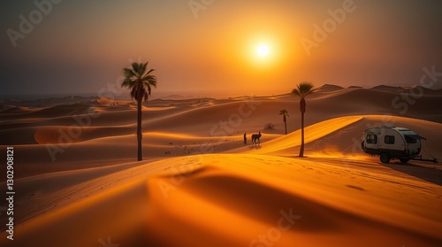 Golden dunes at sunset with a caravan and palm trees, creating a serene desert landscape.