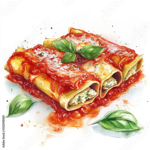 Delicious cannelloni with tomato sauce and fresh basil leaves