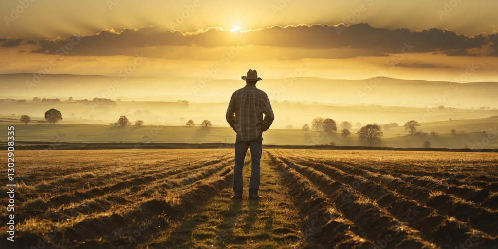 Fototapeta premium A lone farmer surveys his land as the sun rises over a golden field, marking a new day and fresh start.