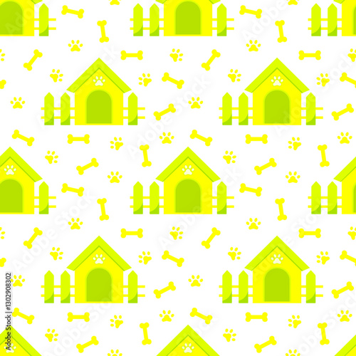 Funny doghouse, wooden kennel in cartoon style isolated on white background. Comic childish construction with dog paws, bones and wooden fence. Vector seamless pattern.