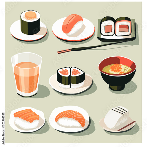 Assorted sushi and soup still life, Japanese food illustration, Asian cuisine