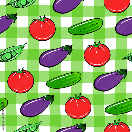 Fresh vegetable seamless pattern with eggplant, tomato, cucumber and green peas. Flat isolated vector fabric print template. Healthy eating diet backdrop. Farm food wrapping paper.