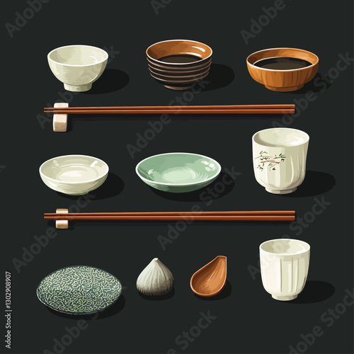Minimalist Still Life of Asian Tableware, Chopsticks, and Condiments