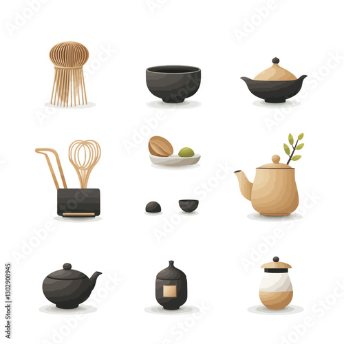 Tea ceremony items arranged neatly on a white background, close-up view.