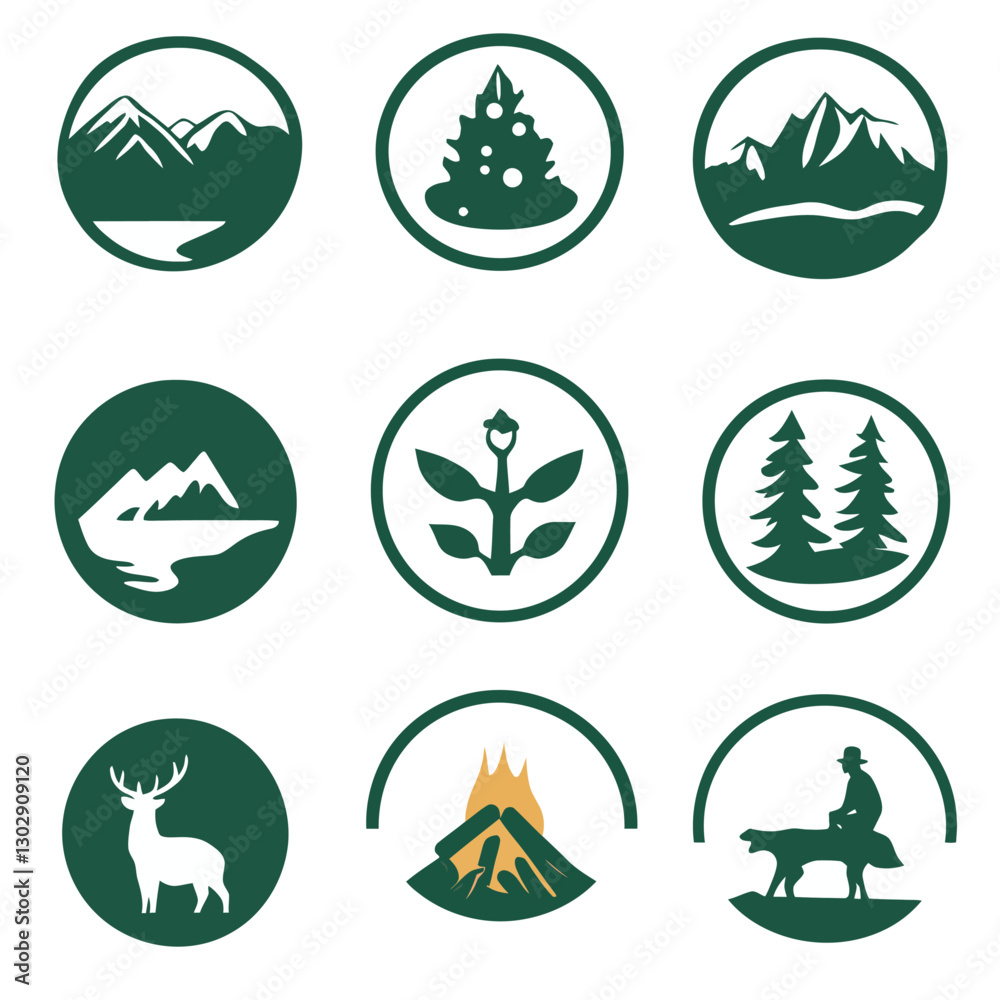 Obraz premium Green Forest Adventure Icons Set: Mountains, Trees, Wildlife, Campfire