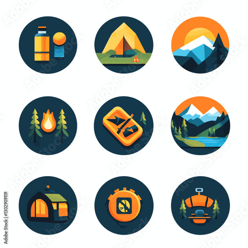 Camping Adventures: Tent, Mountains, Campfire, and Outdoor Recreation Icons