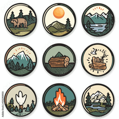 Nature and Camping Icons Featuring Mountains, Forest, Wildlife and Bonfire