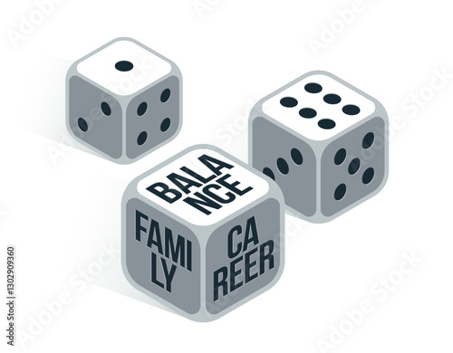 Vector concept of rolling dices and choosing balance between family and career in life for a person in modern world life, vector illustration.
