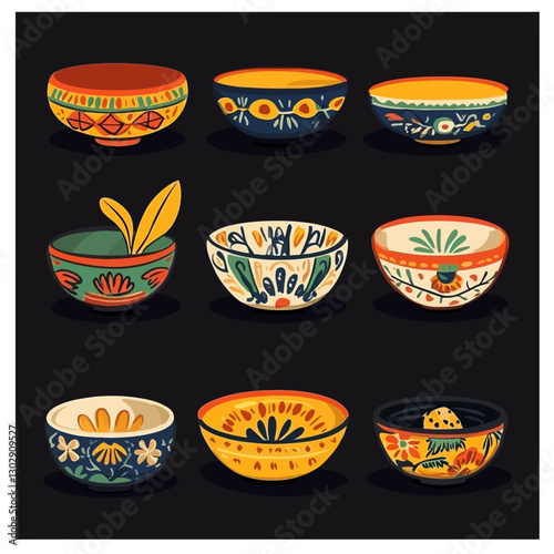 Collection of intricately designed decorative bowls on a black background