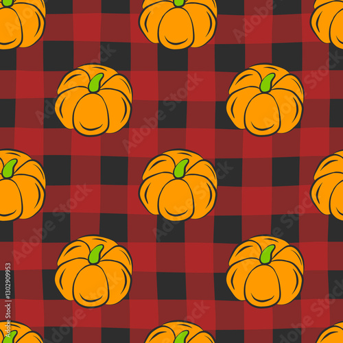 Fresh vegetable seamless pattern with pumpkins. Flat isolated vector fabric print template. Thanksgiving, harvesting concept backdrop. Farm food wrapping paper. Illustration in flat outline style.
