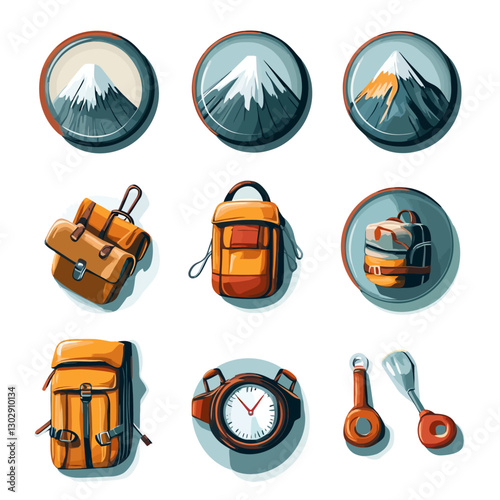 Camping Gear Adventure Set: Mountain Views, Backpacks, Watch and Utensils