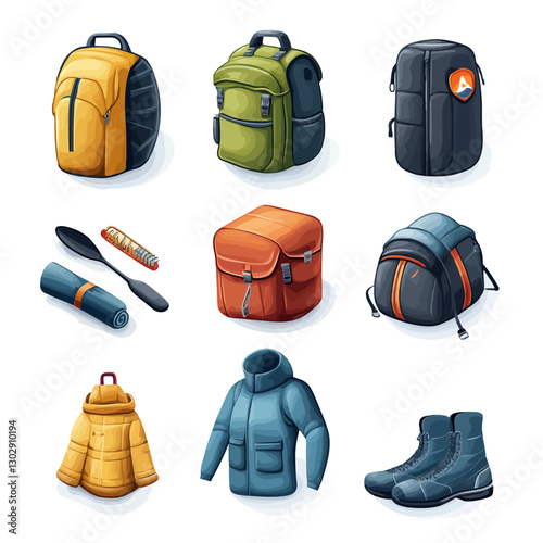 Hiking Equipment: Backpacks, Sleeping Bag, Boots, and Winter Jacket