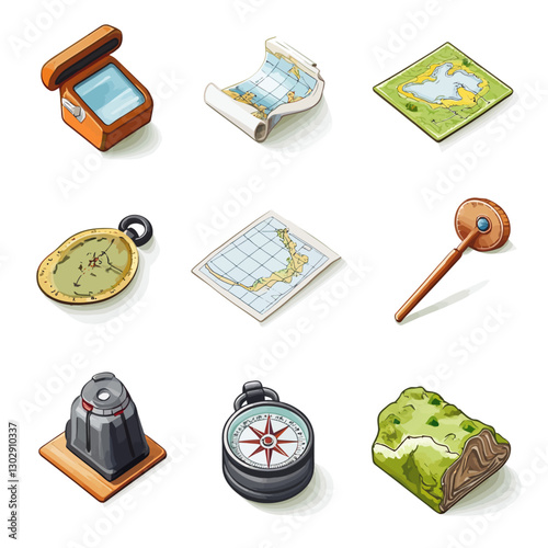Collection of adventure and navigation equipment for expedition concepts