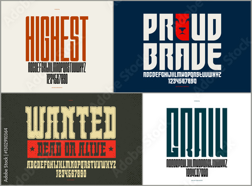Tall geometric vector fonts set, bold and massive condensed alphabet typefaces, strong and heavy typeset collection, useful for logo creation, urban letters set.