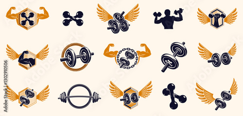 Fitness sport emblems logos or posters with barbells dumbbells kettlebells and muscle man silhouettes vector set, athletic workout active lifestyle theme, sport club or competition awards.