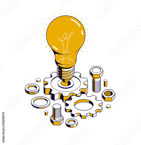 Innovation, invention and solution concept, light bulb with gear vector 3D isometric illustration or icon, technology and technics, mechanical engineering.