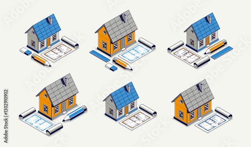 House project concept, 3D isometric vector illustration of a small house and blueprint building project, construction architectural model, residential family small house.