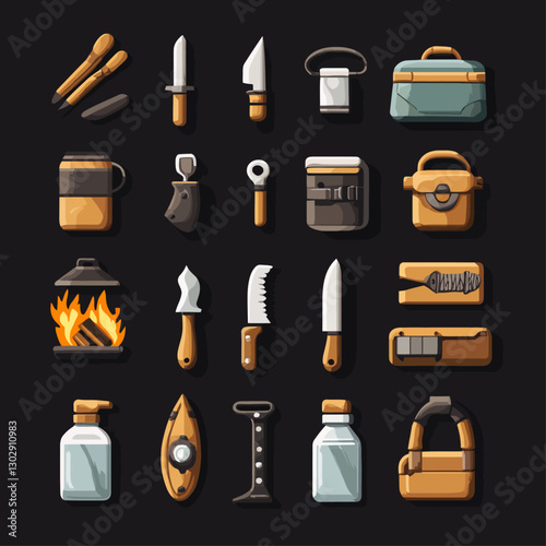 Camping Gear and Culinary Tools for Outdoor Adventure on a Dark Backdrop