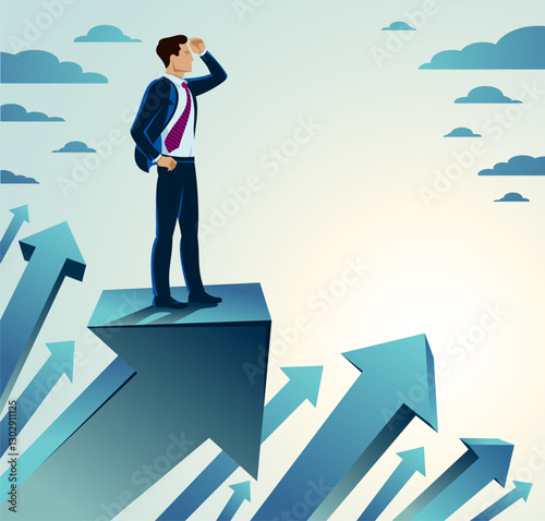 Businessman looking for opportunities business concept vector illustration, young handsome business man searches new perspectives.