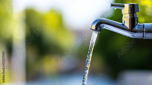 minimalist shot of water streaming from faucet, showcasing clarity and flow of water against blurred green background. image evokes sense of freshness and purity