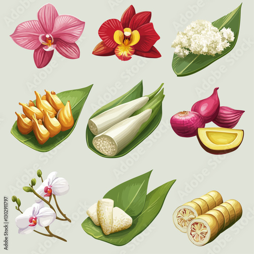 Assorted Southeast Asian Delicacies with Orchids: A Culinary Illustration