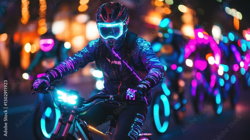 Neon Nights: Cyclists illuminate the city streets with vibrant LED displays. Neon Nights: Cyclists illuminate the city streets with vibrant LED displays.