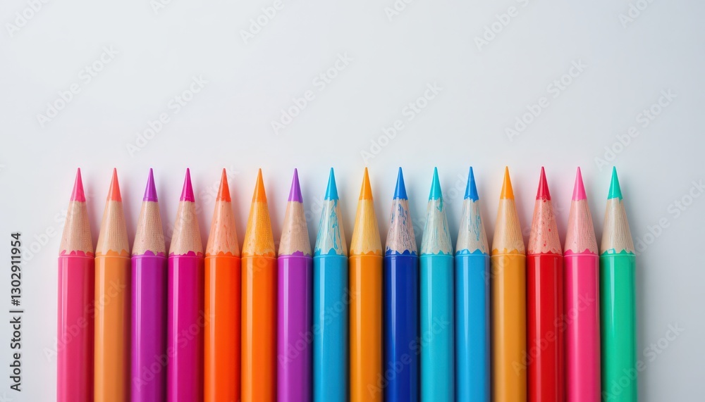 Vibrant Colored Pencils Arranged in a Row on White Background Vibrant Colored Pencils Arranged in a Row on White Background