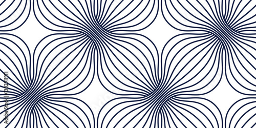 Linear geometric flowers seamless pattern, vector tiling abstract background of optical art lines curvy shapes look like flowers, elegant endless wallpaper.