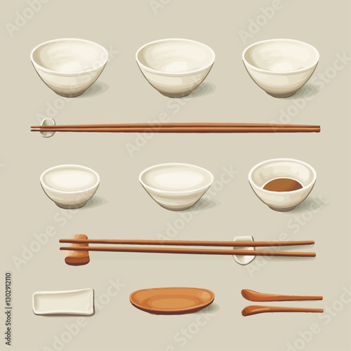 Asian Table Setting with Bowls, Chopsticks, and Dishes, Overhead View