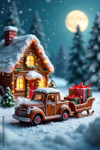 A whimsical gingerbread truck, laden with festive gifts, journeys towards a charming snow-covered cabin under a serene winter moon.