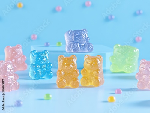 Colorful gummy bears arranged playfully on a blue background with pastel candies
