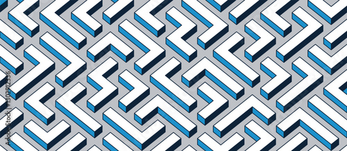 Labyrinth seamless background, 3D geometric endless pattern of logic maze, isometric vector dimensional cubical background.