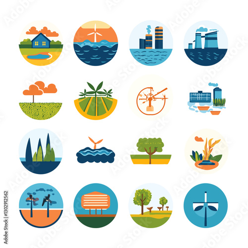 Environmental sustainability icons showcase renewable energy and nature