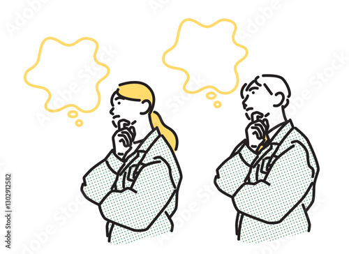 シンプル　イラスト　腕組みして考え込む作業着の男女