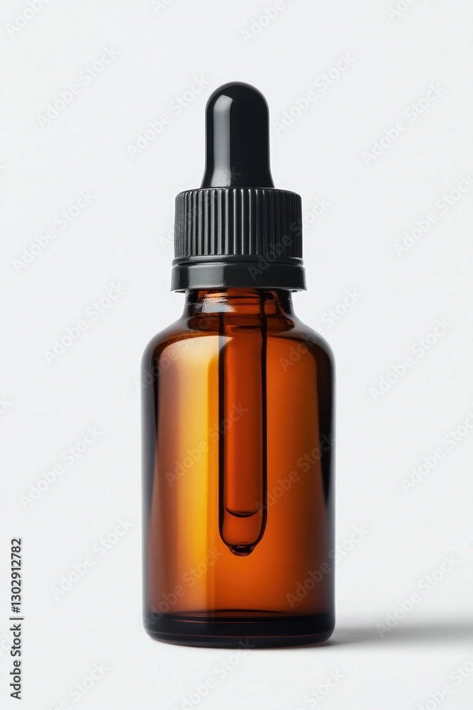 Amber glass dropper bottle with black cap and label Amber glass dropper bottle with black cap and label