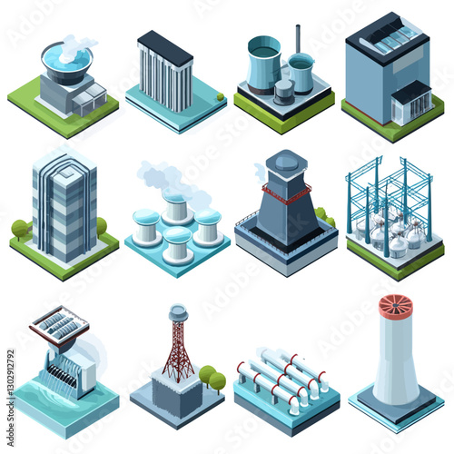 Isometric industrial buildings illustrate power plants and energy sources