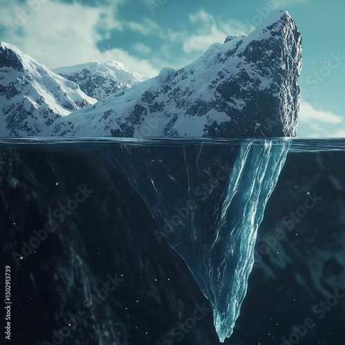 Majestic iceberg floats in serene ocean waters beneath a bright sky with snow-covered mountains in the distance