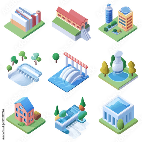 Isometric Industrial Buildings: Factories, Power Plants, and Water Treatment
