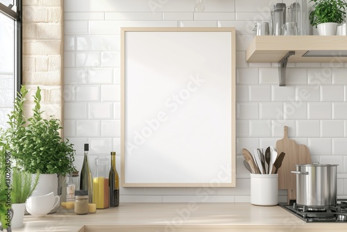 Mockup de moldura vertical em cozinha moderna com utensílios, plantas e decoração minimalista, criado com IA generativa para visualização de arte e design