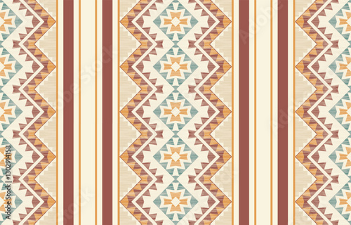 Geometric and ethnic Native American tribal patterns, featuring Aztec and Navajo motifs, create a seamless decorative texture. Design for background ,curtain, carpet, clothing, wrapping, Batik.